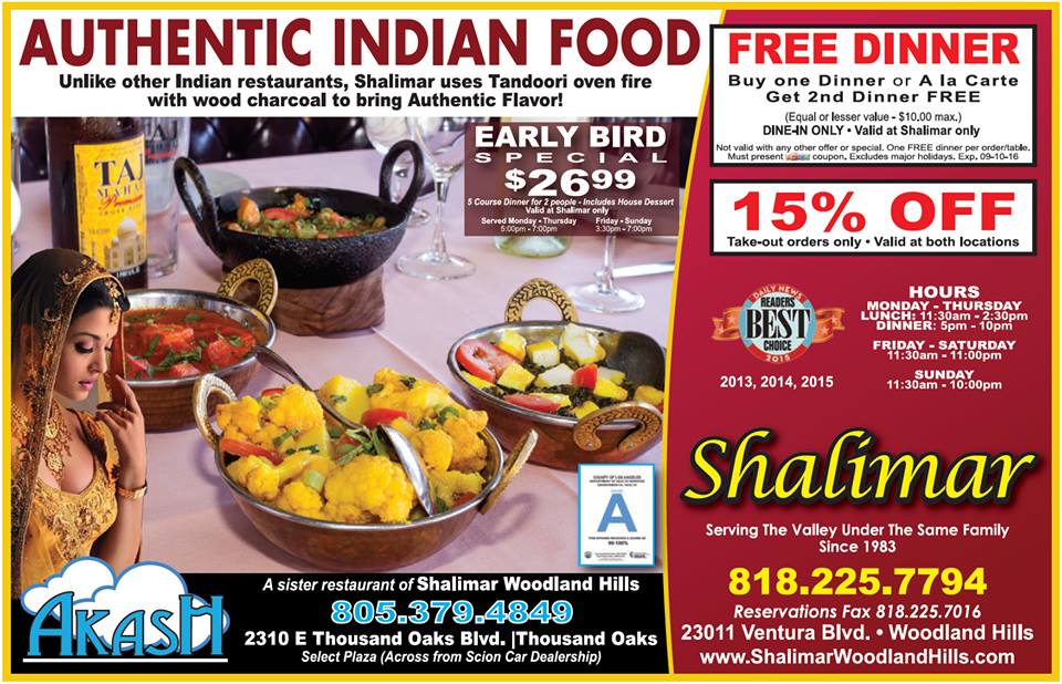 15% OFF on all take-out orders at Shalimar Indian Restaurant